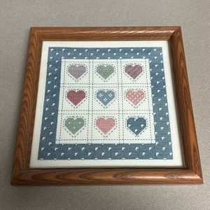 Framed  hand stitched Heart cross-stitch 9”X9”